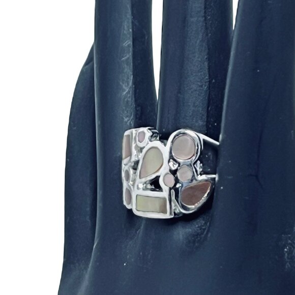 Silver Tone With Inlaid Abalone Shell Statement Ring Signed Thailand (R370) - Picture 4 of 7